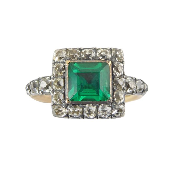 19th century emerald and diamond square cluster ring, c.1850, in the 18th century style, | MasterArt